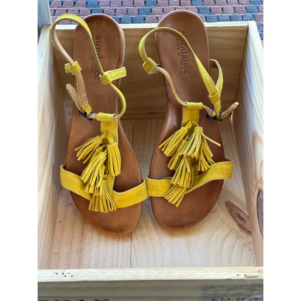 Sundance Yellow Tassel T-Strap Sandals